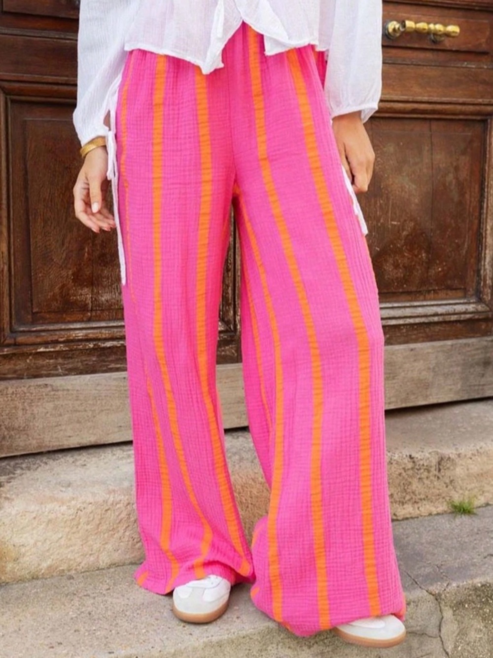 Pink Wide Trousers with Yellow Stripes Elastic Waist Flowy and Light - Picture 2 of 6